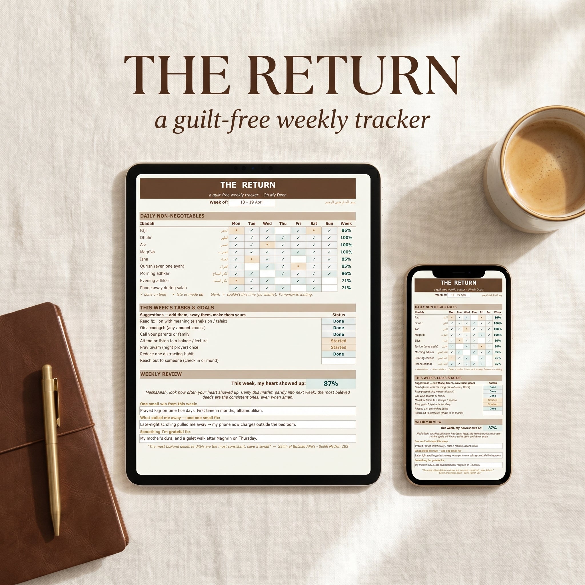 The Return | Guilt-Free Islamic Weekly Tracker | Prayer, Qur'an & Habit Planner | Google Sheets Template